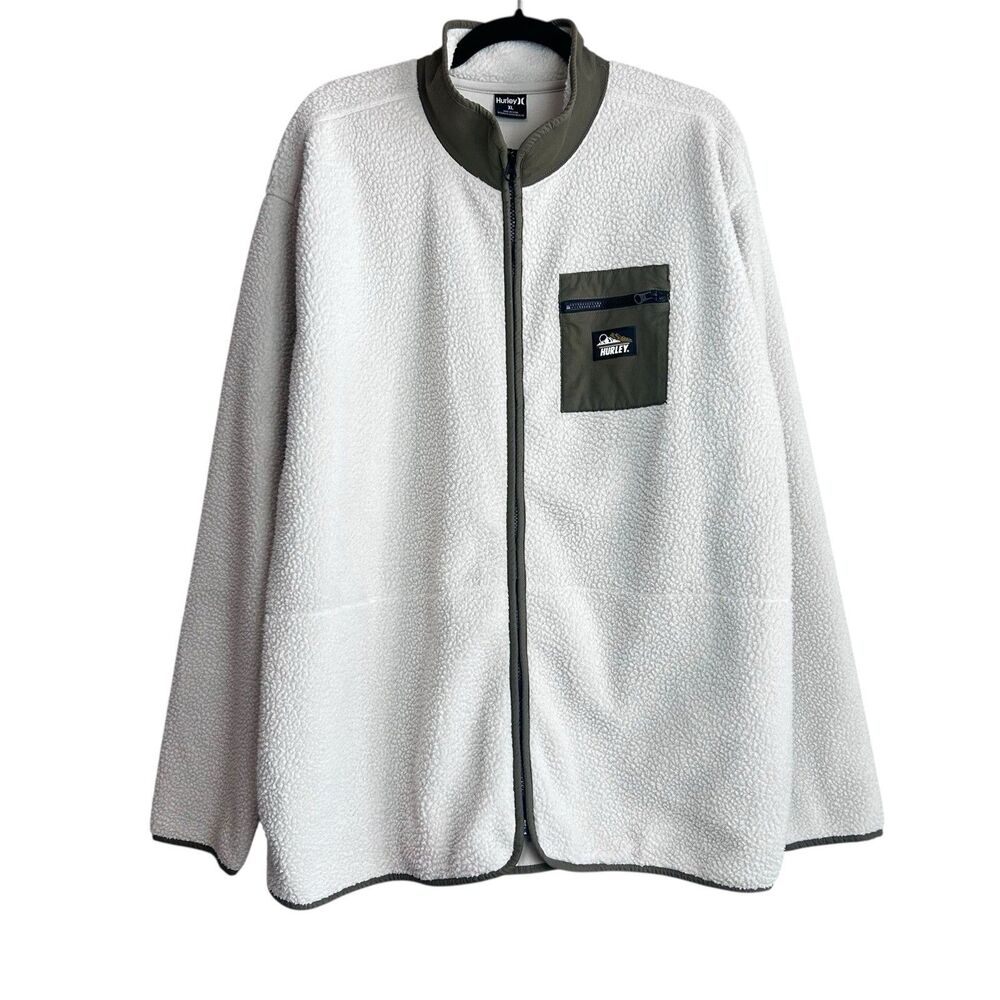 Hurley Men's Jacket XL White Green Byron Burrrito Track Full-Zip Faux-Sherpa